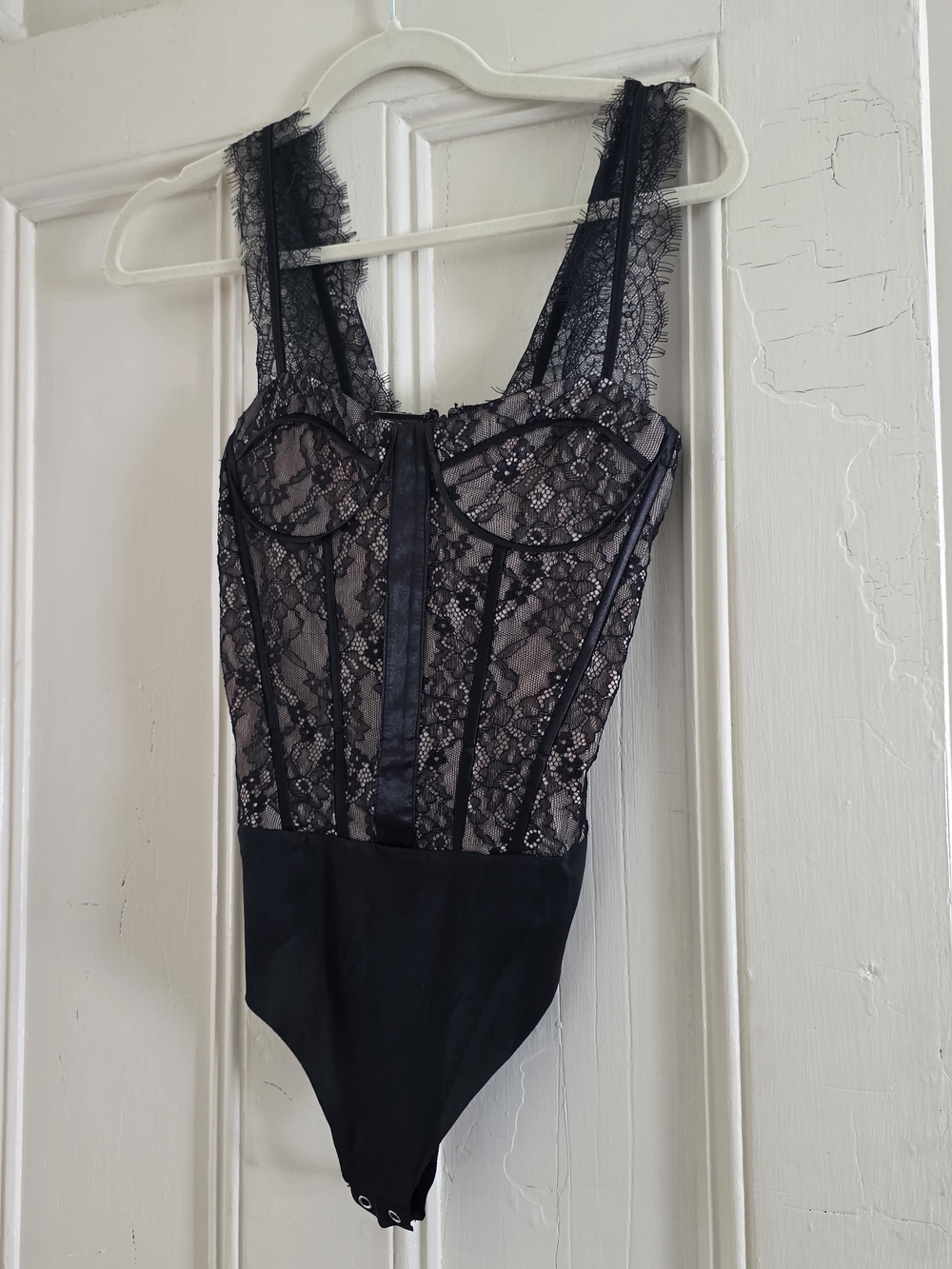 Vici Black Lace Bodice Sheer Bodysuit with Nude Lining